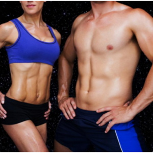 Fit man and woman posing to show their toned abs
